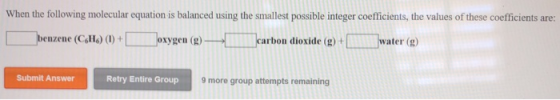 When the following molecular equation is balanced using the smallest possible integer coefficients, the values of these coeff