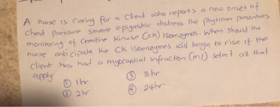 A nurse is caring for a client who reports a new onset of Chest Pressure severe epigastric distress. The physician prescribes