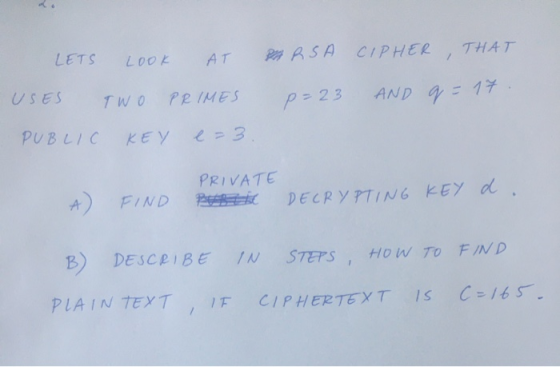 CIPHER THAT LETS LOOK PA RSA AT USES Two PRIMES p=23 AND q=17 PUBLIC KEY e=3 A) PRIVATE DECRYPTING KEY d. FIND IN B) DESCRIBE