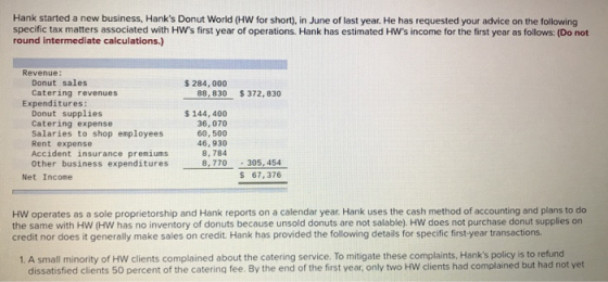 Hank started a new business, Hanks Donut World (HW for short), in June of last year. He has requested your advice on the fol