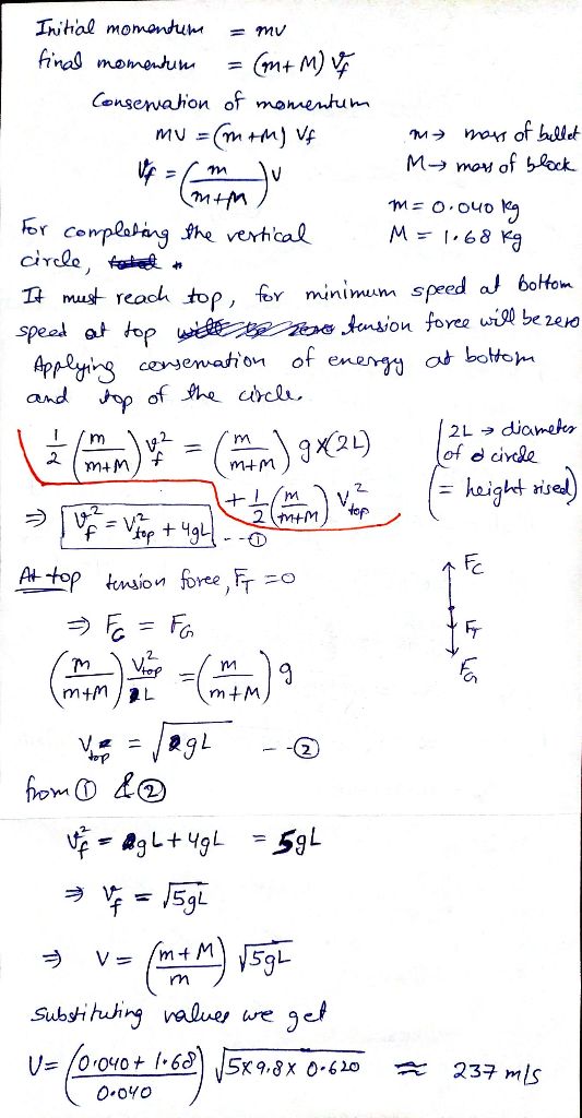 Initial momentum = mu final momentum = (m+ M) VA Conservation of momentum mu =(mm) Vf m mass of bullet vf = 6m v My mass of b
