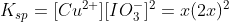 K_{sp}= [Cu^{2+}][IO_{3}^{-}]^{2} = x(2x)^{2}