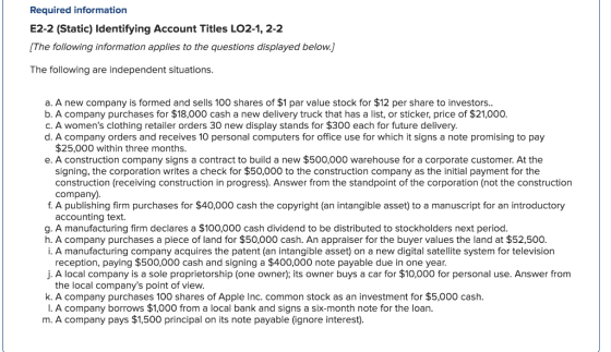 Required information E2-2 (Static) Identifying Account Titles LO 2-1, 2-2 [The following information applies to the questions