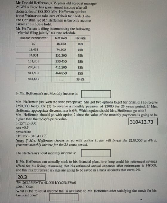 Mr. Donald Heffernan, a 35 years old account manager At Wells Fargo has gross annual income after all deductibles of $85,000.