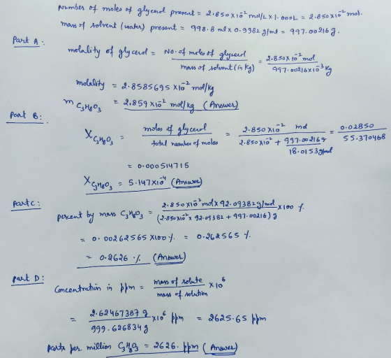 prumber of moles of glycool prosent = 21850X16mol/L XD.OOOL = 2.850X10 mass of solvent (water) present = 998.8 ml x 0.9982 g/