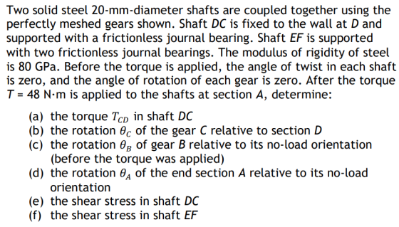 Two solid steel 20-mm-diameter shafts are coupled together using the perfectly meshed gears shown. Shaft DC is fixed to the w