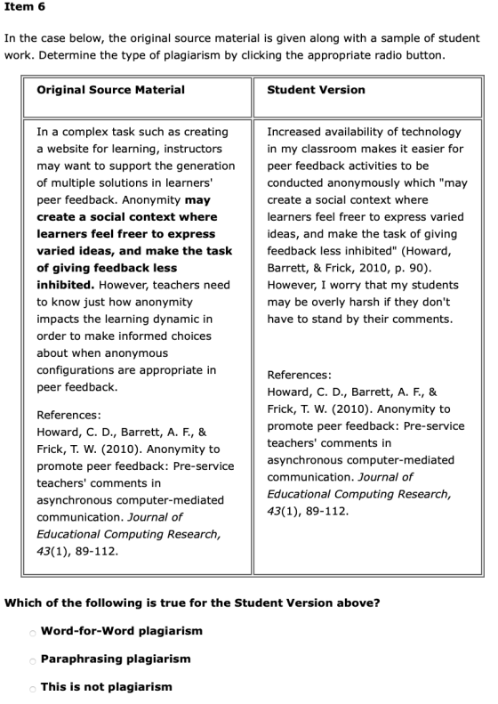 Item 6 In the case below, the original source material is given along with a sample of student work. Determine the type of pl