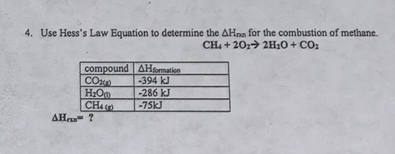 4. Use Hesss Law Equation to determine the AHrxn for the combustion of methane. CH4 + 202→ 2H2O + CO2 208) compoundHformatio