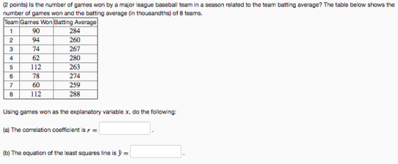 1 2 (2 points) is the number of games won by a major league baseball team in a season related to the team batting average? Th