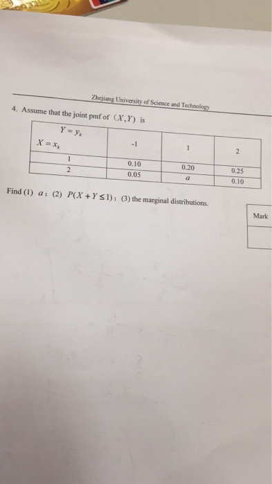 4. Assume that the joint pmf of (X,Y) is 0.20 0.10 0.05 0.25 0.10 Find (1) a: (2) P(XYs1): (3) the marginal distributions. Mark