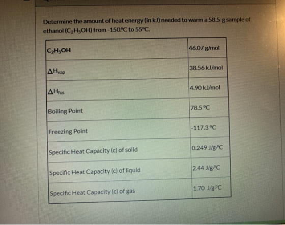 Determine the amount of heat energy (in kJ) needed to warm a 58.5-g sample of ethanol (C2H5OH) from-150°C to 55°C. C2H5OH 46.