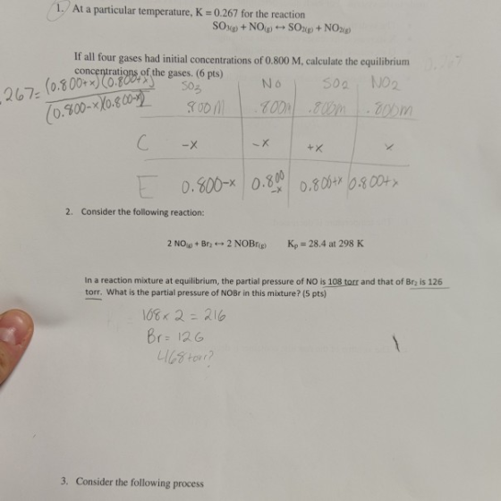 1. At a particular temperature, K 0.267 for the reaction SOg+NO SO2+NO) If all four gases had initial concentrations of 0.800