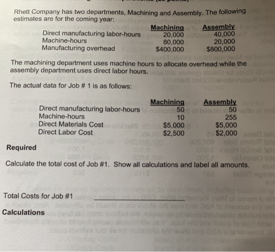 OOPOO) Rhett Company has two departments, Machining and Assembly. The following estimates are for the coming year: Machining