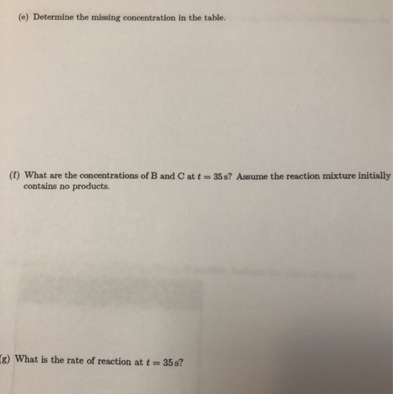 (e) Determine the missing concentration in the table. (f) What are the concentrations of B and C at t = 35 s? Assume the reac