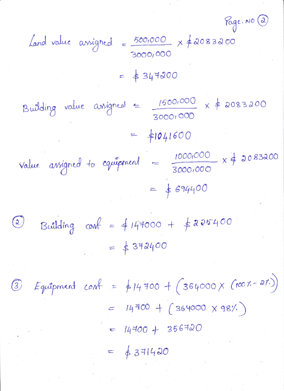 Land value assigned Page. No @ = 500,000 x 52083200 3000,000 = $347200 Building value assigned = 1500,000 x $ 2083200 3000/00