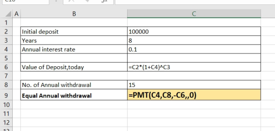 А В C 1 Initial deposit Years Annual interest rate 100000 2 8 0.1 4 Value of Deposit,today =C2* (1+C4)AC3 6 7 No. of Annual w