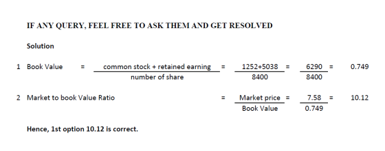 IF ANY QUERY, FEEL FREE TO ASK THEM AND GET RESOLVED Solution 1 Book Value 1252+5038 6290 0.749 common stock + retained earni