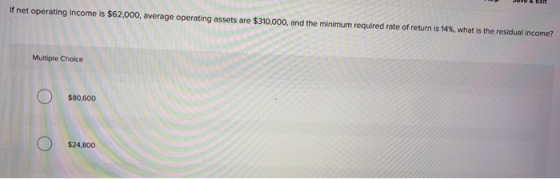 If net operating income is $62,000, average operating assets are $310,000, and the minimum required rate of return is 14%, wh