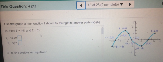 This Question: 4 pts 16 of 26 (0 complete) Use the graph of the function f shown to the right to answer parts (a)-(h). (a) Fi