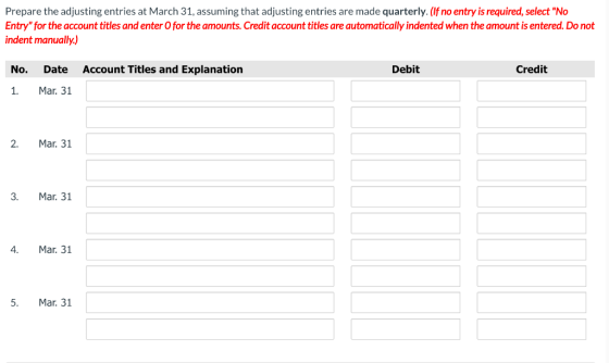 Prepare the adjusting entries at March 31, assuming that adjusting entries are made quarterly. (If no entry is required, sele
