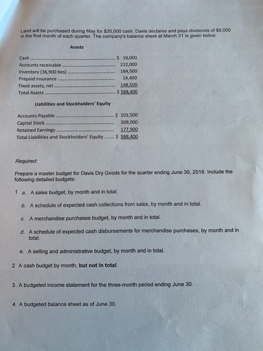 Land will be purchased during May for $26,000 cash. Davis declares and pays dividends of $9,000 in the first month of each qu