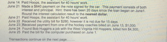 June 14 Paid Hoops, the assistant for 40 hours work. June 21 Made a $640 payment on the note signed for the car. This paymen
