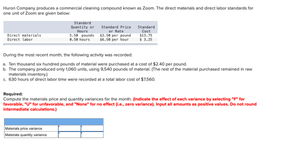 Huron Company produces a commercial cleaning compound known as Zoom. The direct materials and direct labor standards for one