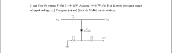 3. (a) Plot Vo versus Vi for 0<Vi<15V. Assume lr0.7V. (b) Plot id over the same range of input voltage. (c) Compare (a) and (b) with MultiSim simulation. R1 1 k Vi Vo D1 DIODE R2 1 k R3 2k 15V