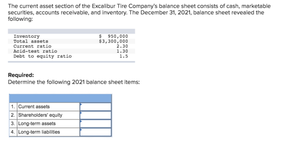The current asset section of the Excalibur Tire Companys balance sheet consists of cash, marketable securities, accounts rec