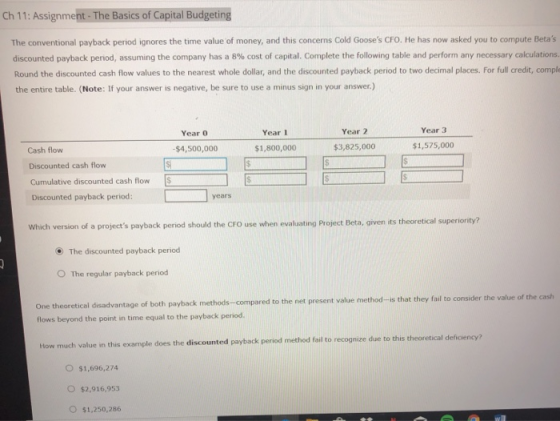 Ch 11: Assignment- The Basics of Capital Budgeting The conventional payback period ignores the time value of money, and this
