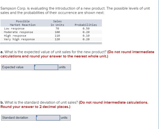 Sampson Corp. is evaluating the introduction of a new product. The possible levels of unit sales and the probabilities of the