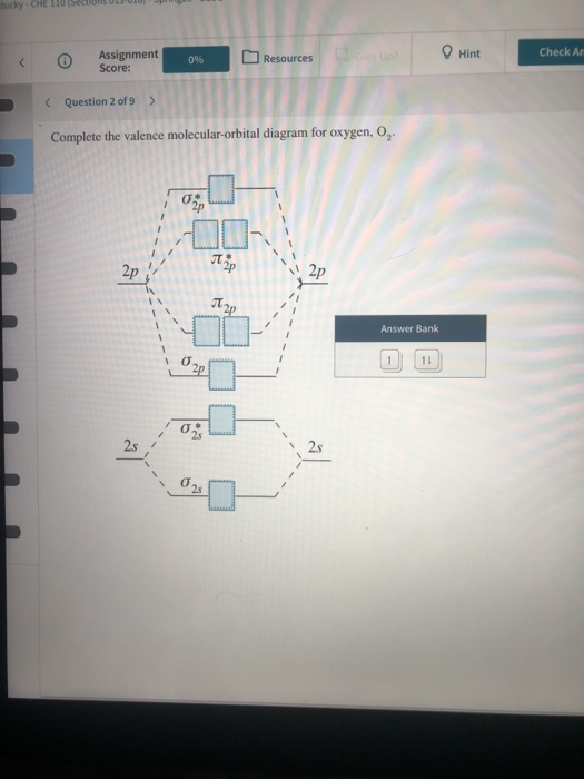 tucky CHE 110 SOCHONSIJU up © 0% Assignment Score: Resources Hint Check Ar Question 2 of 9 > Complete the valence molecular-o