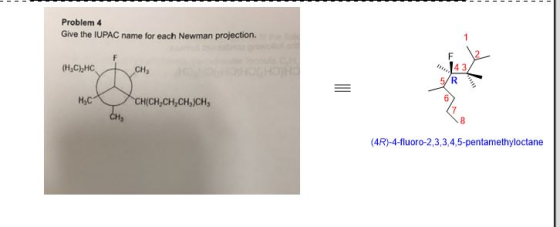Problem 4 Give the IUPAC name for each Newman projection. (HỤC HC C H, HOHOHE 70 HC C HCH,CH,CH, JCH, CHE (4R)-4-fluoro-2,3,3