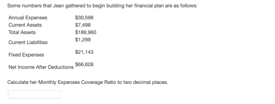 Some numbers that Jean gathered to begin building her financial plan are as follows: Annual Expenses Current Assets Total Assets Current Liabilities $30,598 $7,498 $189,960 $1,299 $21,143 Fixed Expenses $66,628 Net Income After Deductions Calculate her Monthly Expenses Coverage Ratio to two decimal places.