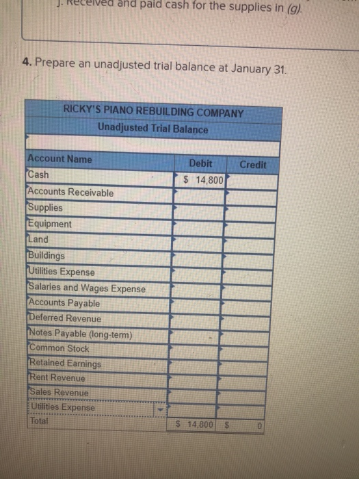 and paid cash for the supplies in (g). 4. Prepare an unadjusted trial balance at January 31. RICKYS PIANO REBUILDING COMPANY