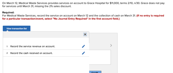 On March 12, Medical Waste Services provides services on account to Grace Hospital for $11,000, terms 2/10, n/30. Grace does