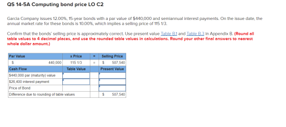 QS 14-5A Computing bond price LO C2 Garcia Company issues 12.00%, 15-year bonds with a par value of $440,000 and semiannual i