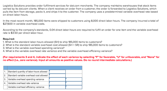 Logistics Solutions provides order fulfillment services for dot.com merchants. The company maintains warehouses that stock it