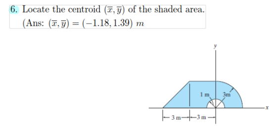 6. Locate the centroid (TT) of the shaded area. Ans: (2,5) = (-1.18, 1.39 m 1m 3m - 3 m +3m-