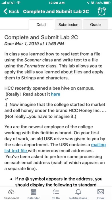 ..Il AT&T令 12:28 AM Back Complete and Submit Lab 2C Detail Submission Grade Complete and Submit Lab 2C Due: Mar 1, 2019 at 11