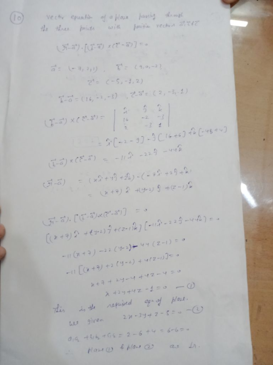 vecter the three equation points of a blossp anning through with position vector a lt a). 10-a) x60-a)]=0 a= (-7,2,1) 5 = 29,