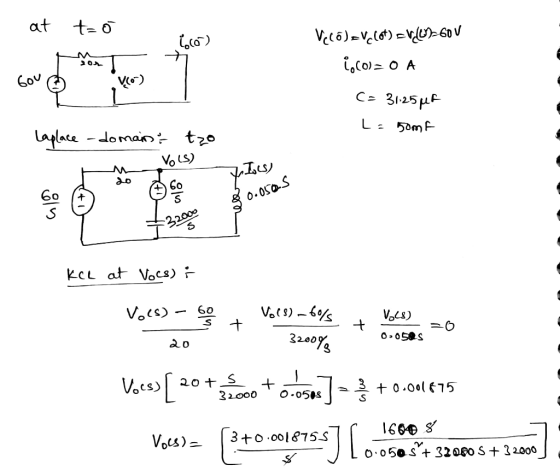 at t=0 Vicolev lot) cros_600 1.60=0 A C= 31.25uf L= some Laplace - domainst tzo Vols) he Vols) 7. Ioes) 8 0.0505 kce at Vocs)