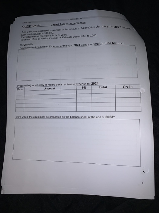 Capital Assets - Amortiration QUESTION #4 2022 for cash Tulo Company purchased equipment in the amount of $400,000 on January