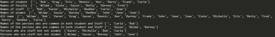 Names of student 1, Bob, Greg, Eric, Dennis, Ann, Harry, Frank, Carla}, Names of faculty {, Wilma, Sla