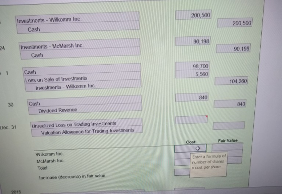 200,500 Investments - Wilkomm Inc Cash 200,500 90,198 24 Investments - McMarsh Inc Cash 90.198 1 98,700 5,560 Cash Loss on Sa