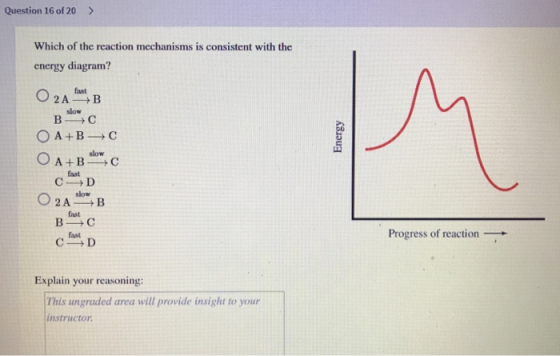 Question 16 of 20 > Which of the reaction mechanisms is consistent with the energy diagram? O 2A STB slow BC O A+B +C Energy