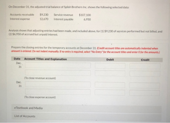 On December 31. the adjusted trial balance of Splish Brothers Inc. shows the following selected data: Accounts receivable $9,