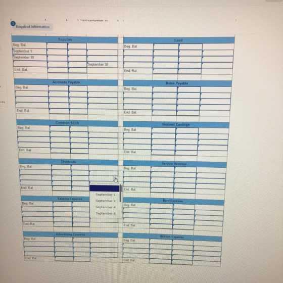 Required information Land Supplies Beg Bal Beg Ball September 1 September 10 September 30 End. Bal Accounts Payable Notes Pay