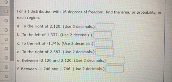 O O For a t distribution with 16 degrees of freedom, find the area, or probability, in each region. O O O a. To the right of
