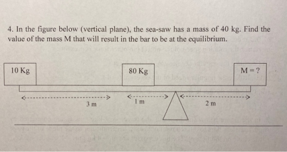 4. In the figure below (vertical plane), the sea-saw has a mass of 40 kg. Find the value of the mass M that will result in th